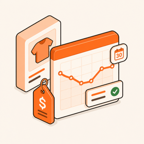 Izometryczna ilustracja przedstawiająca kartę produktu z metką cenową oraz panel z wykresem historii cen z ostatnich 30 dni, sugerująca monitorowanie i prezentację zmian cen w sklepie internetowym.